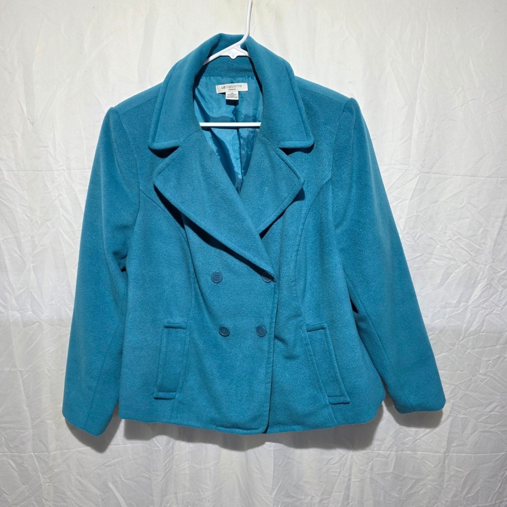 Liz Claiborne Woman Teal Blue Double Breasted Pea Coat Jacket Plus Size 2X